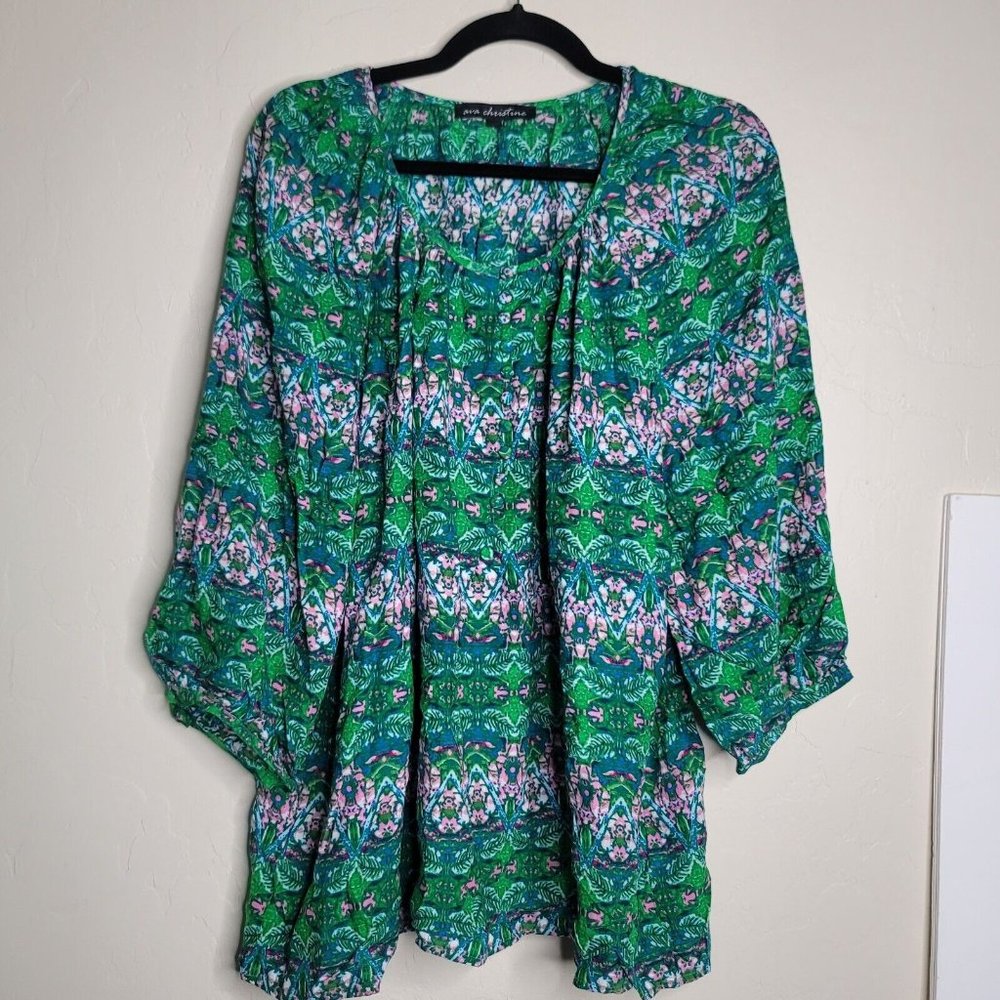 Ava Christine Womans 3/4 Sleeve Top Plus Size 2X Blue Green Pink Floral